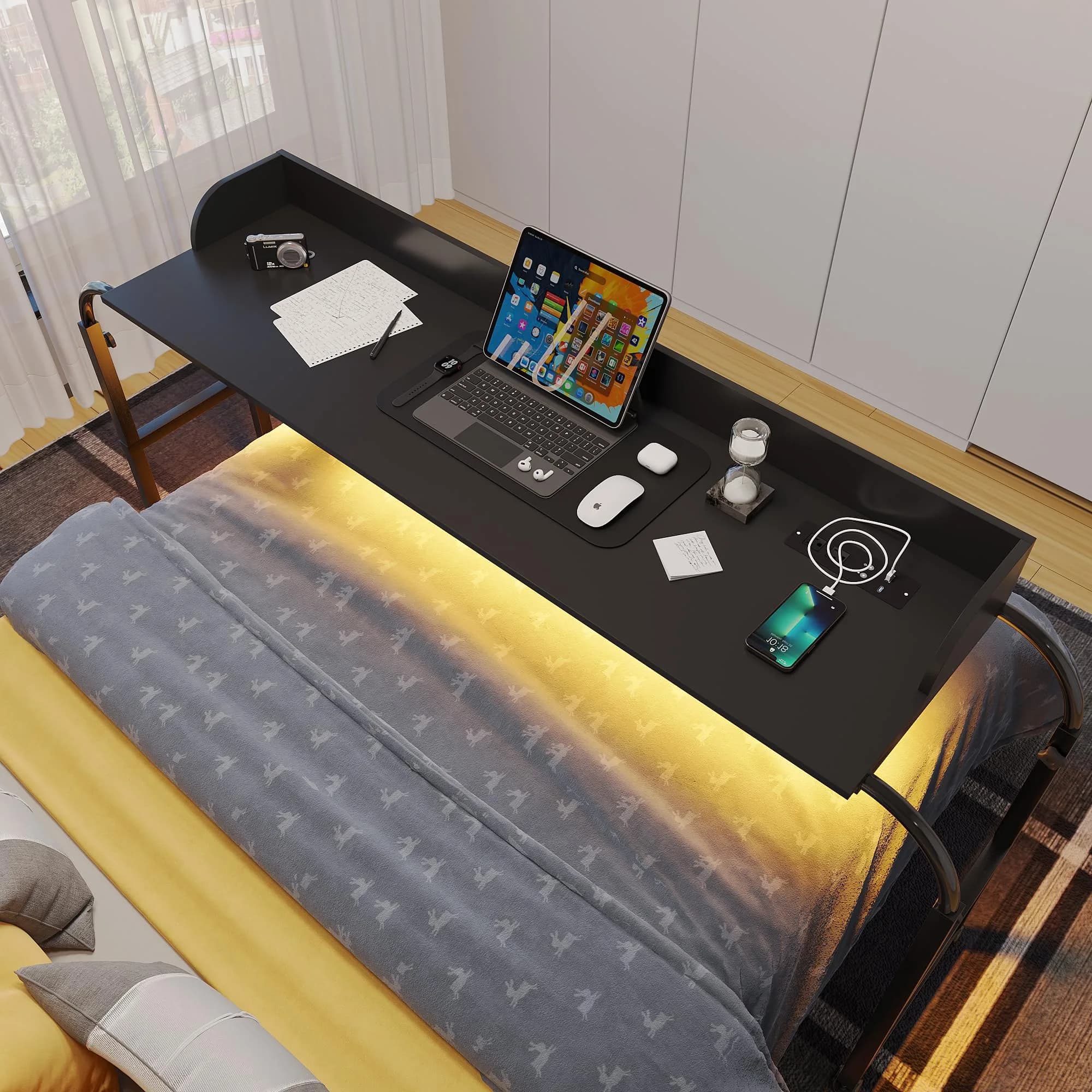 HWB Over Bed Desk with LED Light, Wheels & Charging Station | Adjustable Height, Black