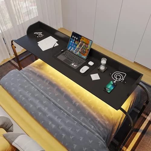 HWB Over Bed Desk with LED Light, Wheels & Charging Station | Adjustable Height, Black thumbnail 1