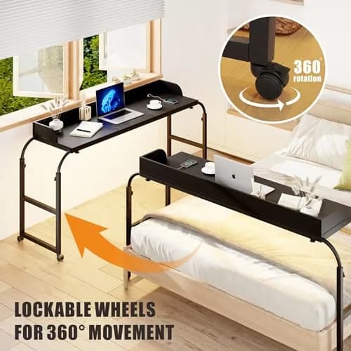 HWB Over Bed Desk with LED Light, Wheels & Charging Station | Adjustable Height, Black thumbnail 4