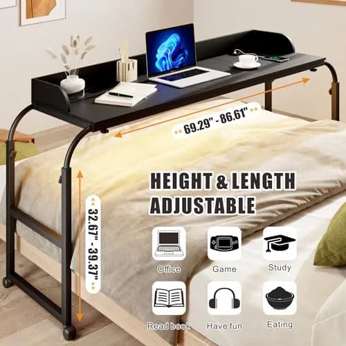 HWB Over Bed Desk with LED Light, Wheels & Charging Station | Adjustable Height, Black thumbnail 5
