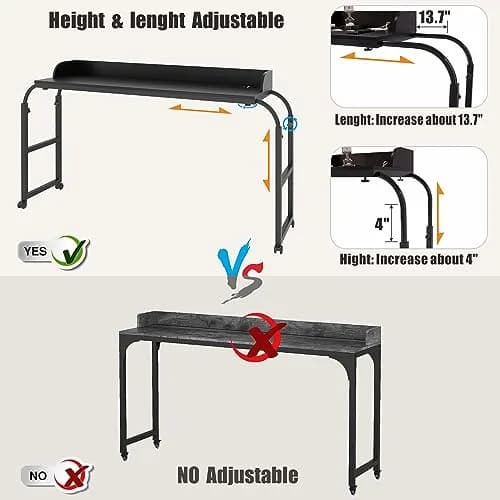 HWB Over Bed Desk with LED Light, Wheels & Charging Station | Adjustable Height, Black thumbnail 7