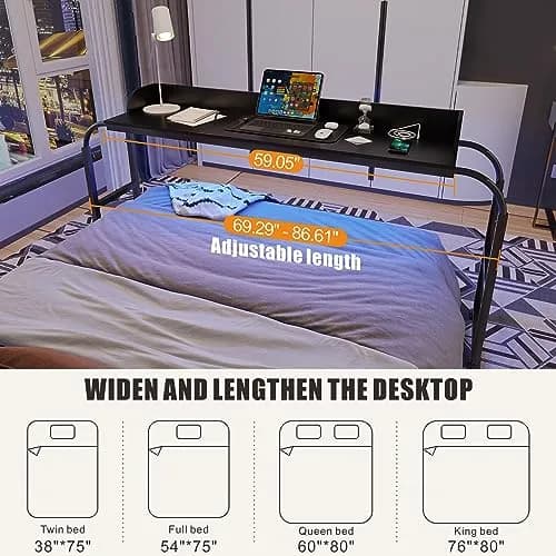 HWB Over Bed Desk with LED Light, Wheels & Charging Station | Adjustable Height, Black thumbnail 9