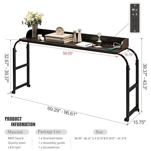 HWB Over Bed Desk with LED Light, Wheels & Charging Station | Adjustable Height, Black thumbnail 2