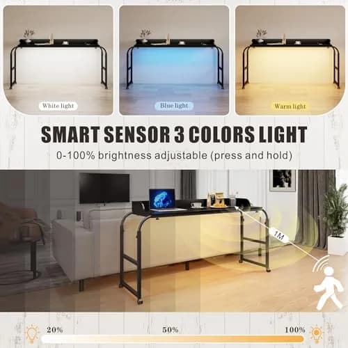 HWB Over Bed Desk with LED Light, Wheels & Charging Station | Adjustable Height, Black thumbnail 3