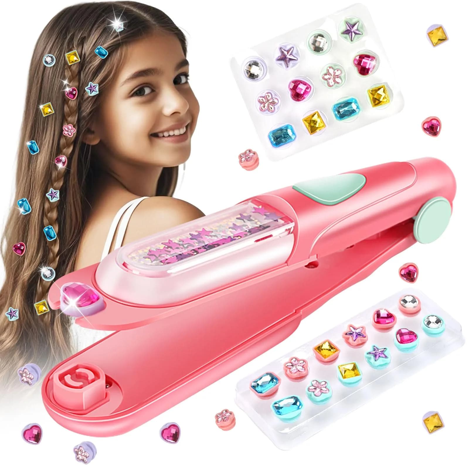 kidzkube Hair Gem Stamper Kit with 24 Diamonds & Reusable Gems | Easy to Use for Kids Ages 3-12 — Red