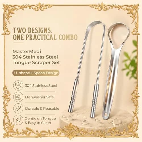 mastermedi Stainless Steel Tongue Scraper 2 Pack with Multicolor Cases | Reduces Bad Breath & Improves Oral Hygiene thumbnail 4