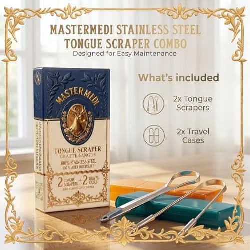 mastermedi Stainless Steel Tongue Scraper 2 Pack with Multicolor Cases | Reduces Bad Breath & Improves Oral Hygiene thumbnail 5
