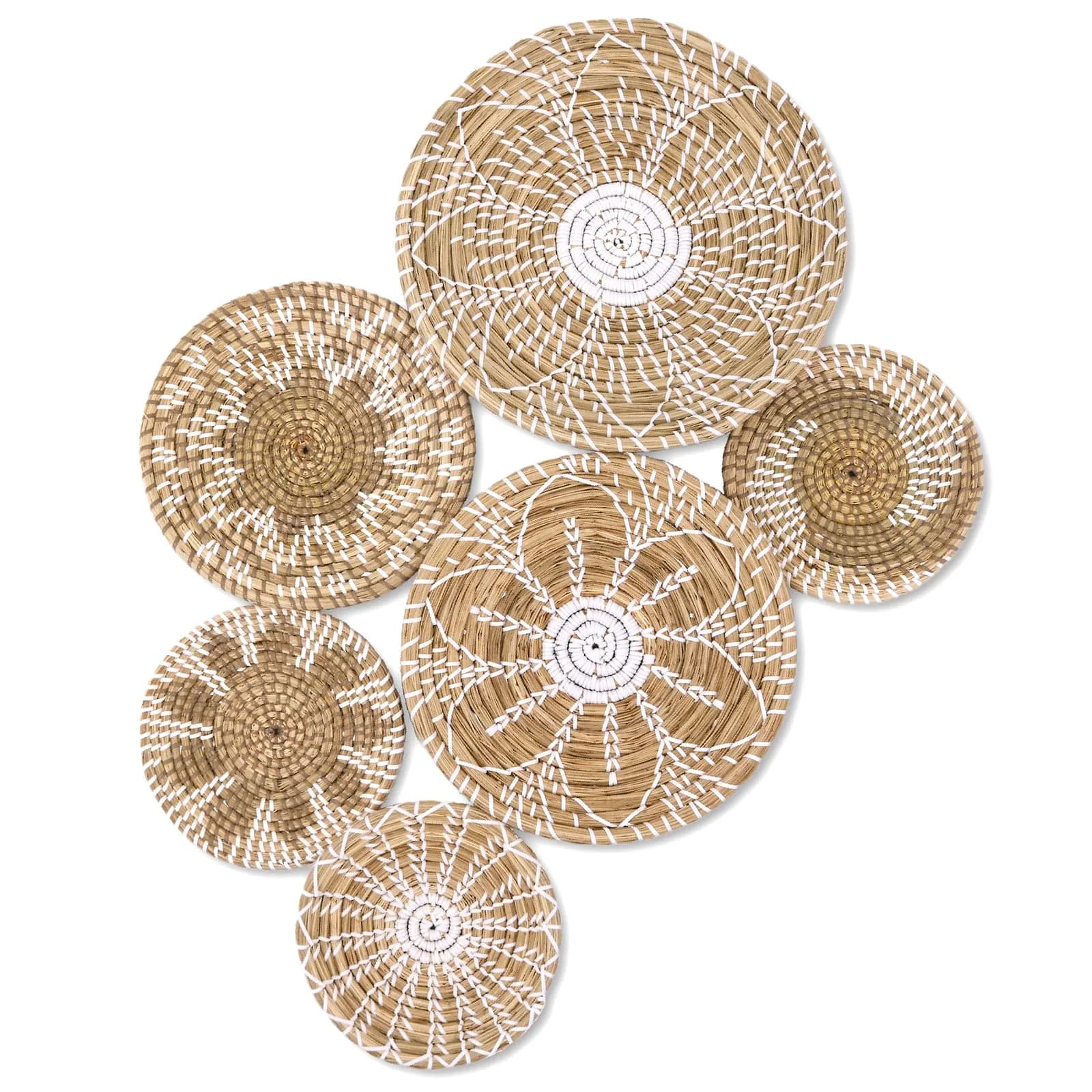 LOCS MICRAI Boho Wall Basket Decor Set of 6 | Handcrafted Seagrass Wall Art for Farmhouse & Rustic Homes — White Classic