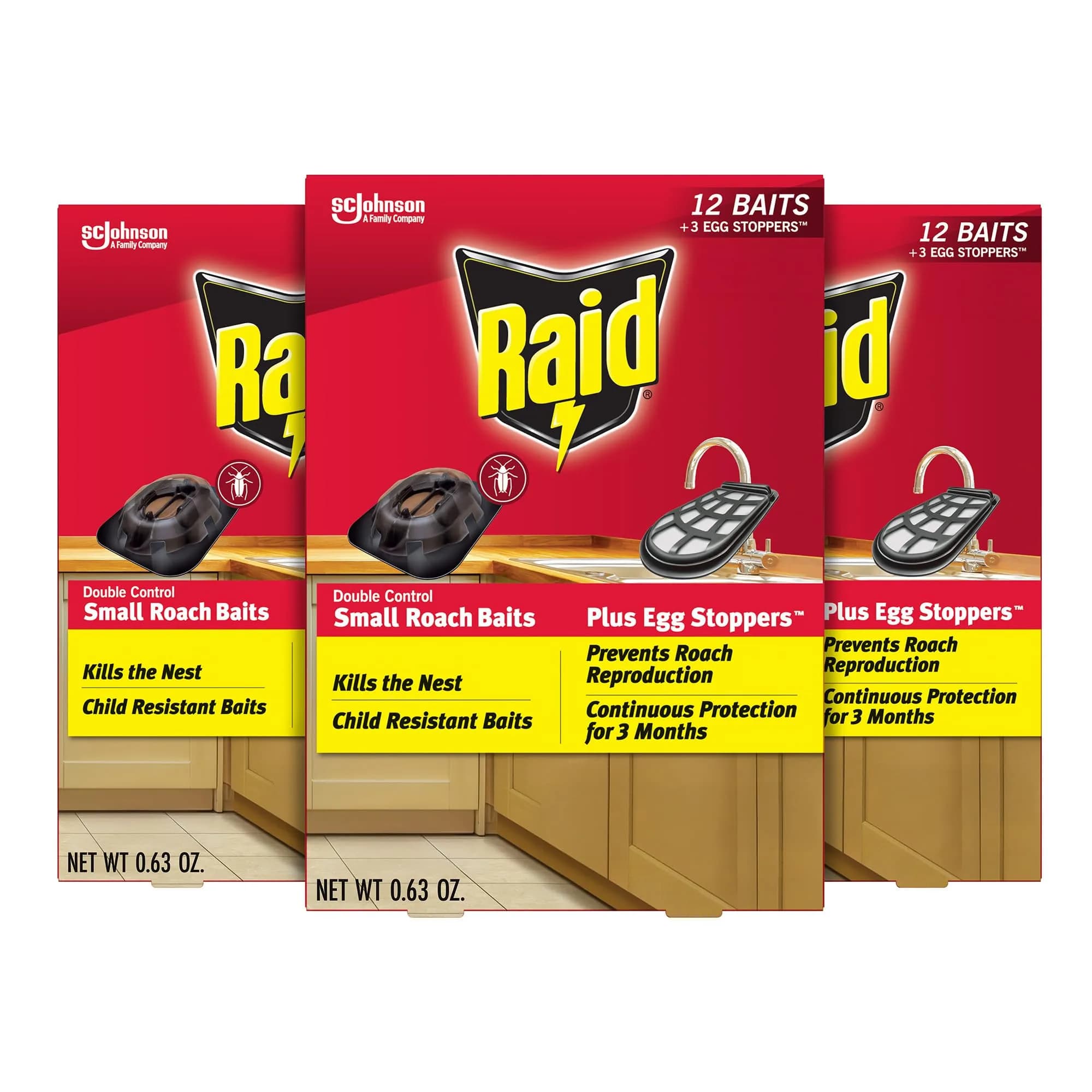 Raid Double Control Small Roach Baits Plus Egg Stopper 12 Count (Pack of 3) | Discreet, Effective Roach Control for Indian Homes — Gel