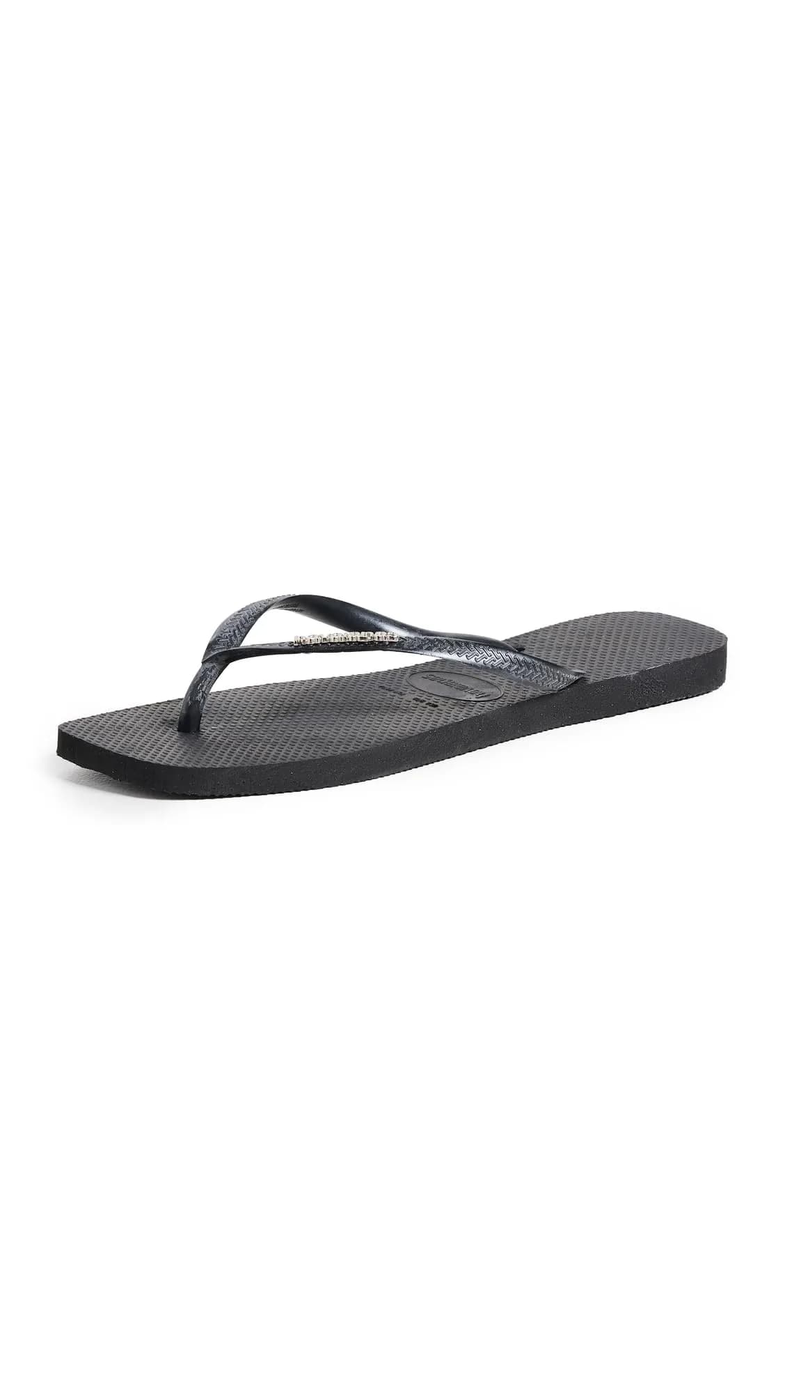 Havaianas Women's Slim Square Logo Flip Flops, Black/Silver, 6 Medium US | Rubber Slip-On Casual Footwear — Black/Silver