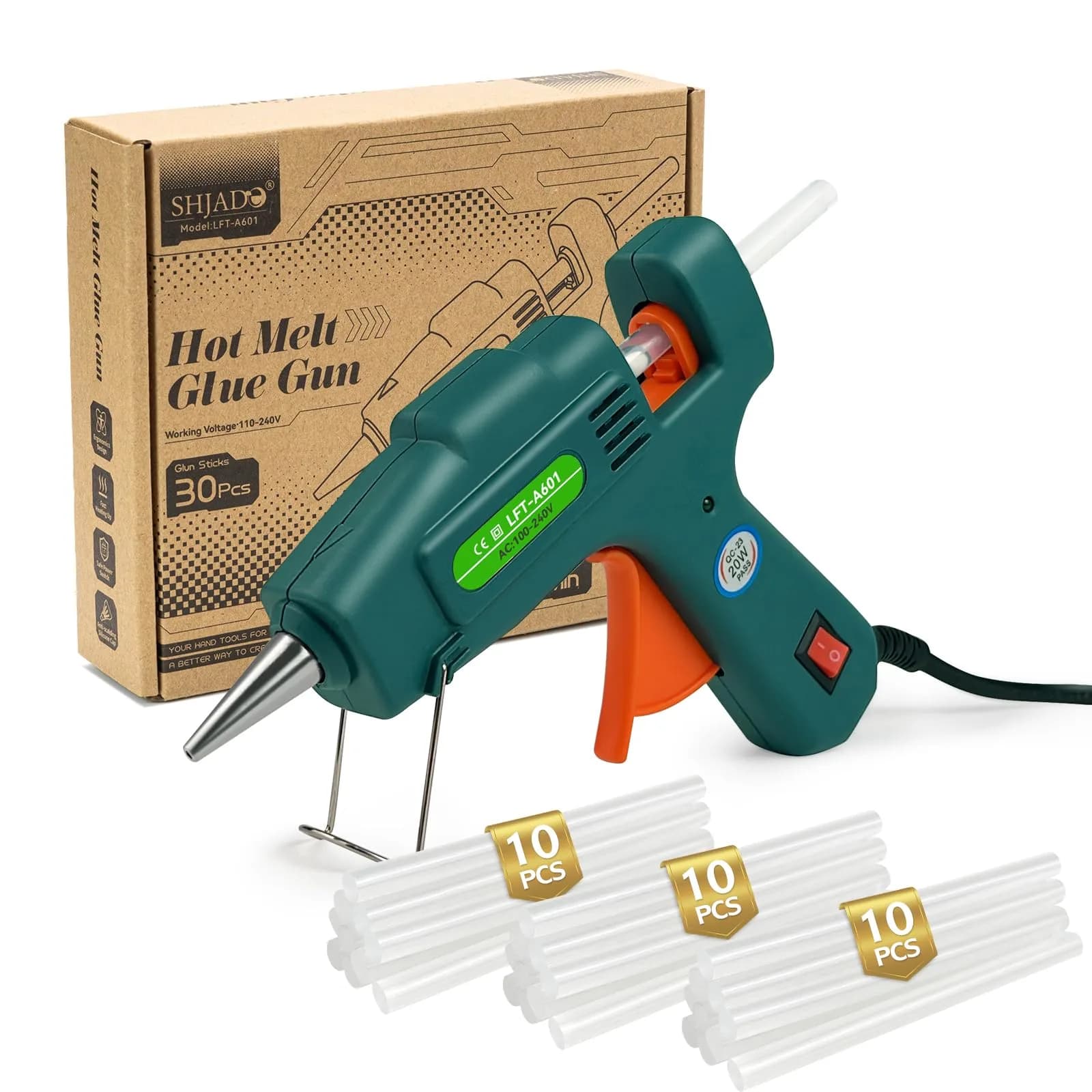 SHJADE Mini Hot Glue Gun with 30 Sticks, Fast Heating 20W Craft Glue Gun for DIY & Repairs, Green - main product image