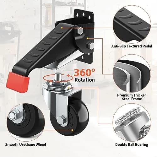 SPACEKEEPER Heavy Duty Retractable Workbench Casters Kit 720 Lbs Capacity | 4 Pack Side Mount Swivel Wheels thumbnail 2