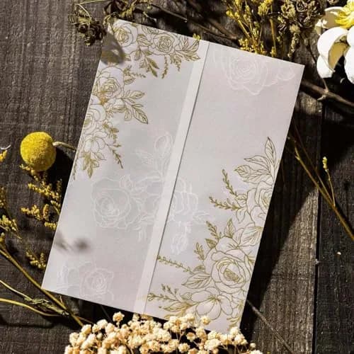 Puremigo 50 Pack Pre-Folded Vellum Jackets for 5x7 Invitations - Gold Foil Pattern - 115GSM Vellum Paper thumbnail 1