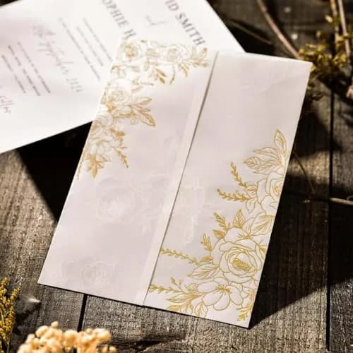 Puremigo 50 Pack Pre-Folded Vellum Jackets for 5x7 Invitations - Gold Foil Pattern - 115GSM Vellum Paper thumbnail 5