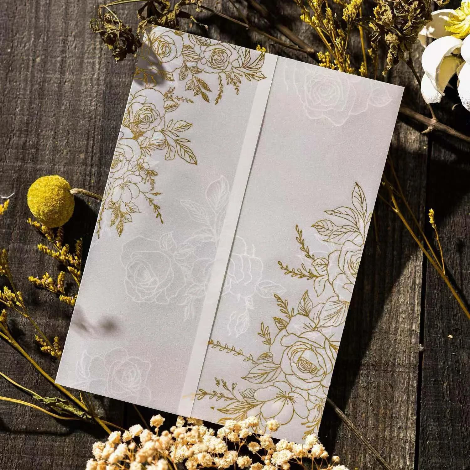Puremigo 50 Pack Pre-Folded Vellum Jackets for 5x7 Invitations - Gold Foil Pattern - 115GSM Vellum Paper