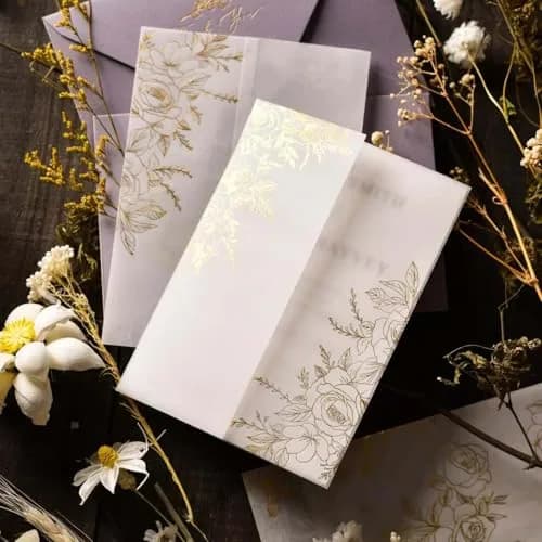 Puremigo 50 Pack Pre-Folded Vellum Jackets for 5x7 Invitations - Gold Foil Pattern - 115GSM Vellum Paper thumbnail 2