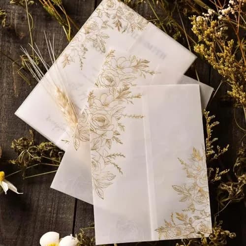 Puremigo 50 Pack Pre-Folded Vellum Jackets for 5x7 Invitations - Gold Foil Pattern - 115GSM Vellum Paper thumbnail 3