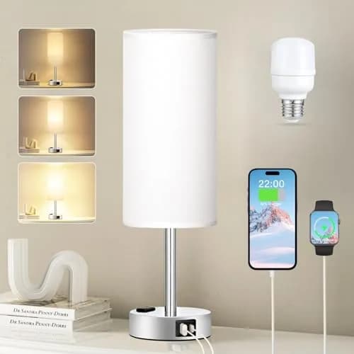 Fenmzee White Bedside Lamp for Bedroom, Dimmable Touch, USB A+C, AC Outlet | Minimalist Nightstand Light with USB Charging thumbnail 1