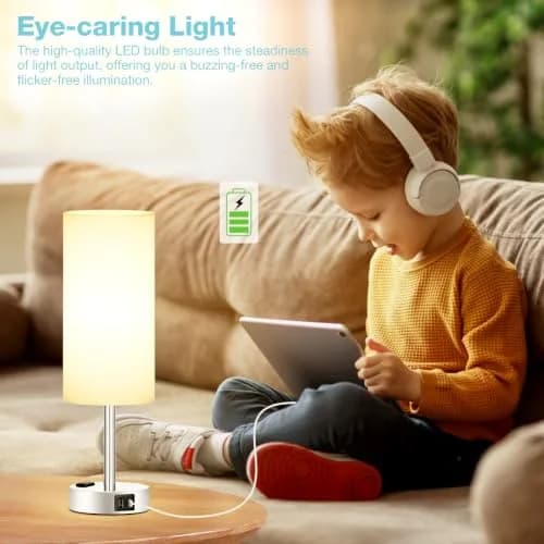 Fenmzee White Bedside Lamp for Bedroom, Dimmable Touch, USB A+C, AC Outlet | Minimalist Nightstand Light with USB Charging thumbnail 4