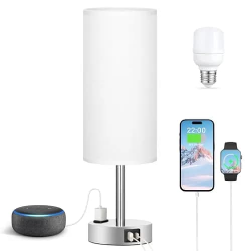 Fenmzee White Bedside Lamp for Bedroom, Dimmable Touch, USB A+C, AC Outlet | Minimalist Nightstand Light with USB Charging thumbnail 6