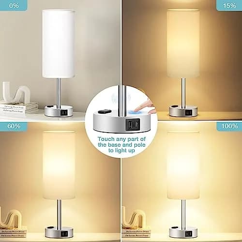 Fenmzee White Bedside Lamp for Bedroom, Dimmable Touch, USB A+C, AC Outlet | Minimalist Nightstand Light with USB Charging thumbnail 2