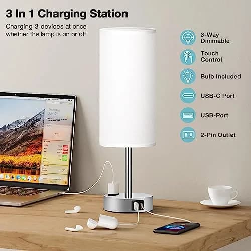 Fenmzee White Bedside Lamp for Bedroom, Dimmable Touch, USB A+C, AC Outlet | Minimalist Nightstand Light with USB Charging thumbnail 3