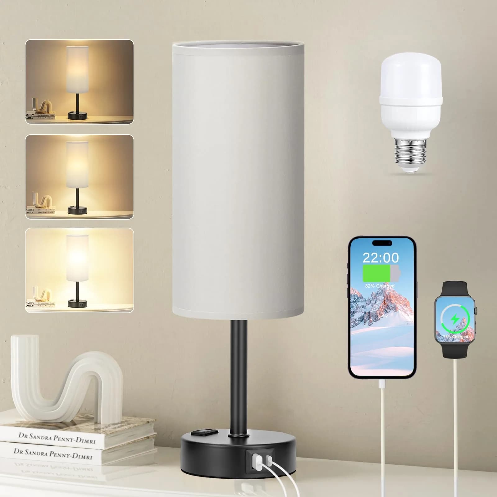 Fenmzee Grey Bedside Lamp for Bedroom, Dimmable Touch, USB A+C, AC Outlet | 14" Minimalist Nightstand Light