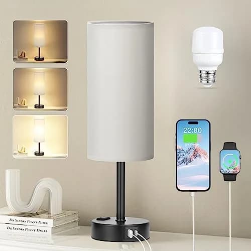 Fenmzee Grey Bedside Lamp for Bedroom, Dimmable Touch, USB A+C, AC Outlet | 14" Minimalist Nightstand Light thumbnail 1