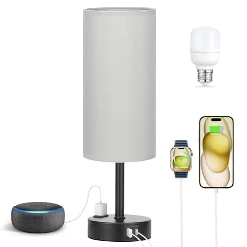 Fenmzee Grey Bedside Lamp for Bedroom, Dimmable Touch, USB A+C, AC Outlet | 14" Minimalist Nightstand Light thumbnail 6