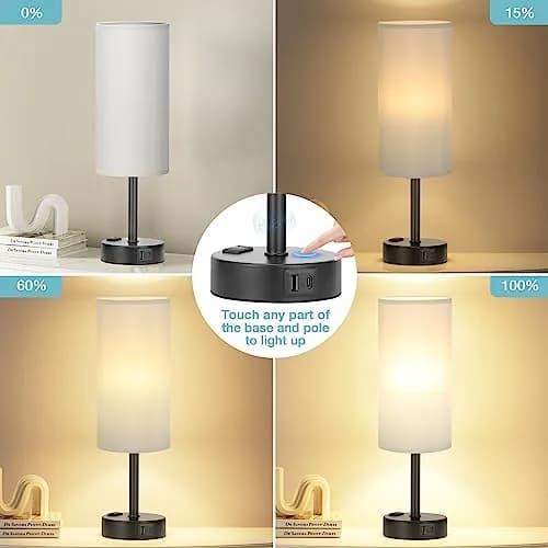 Fenmzee Grey Bedside Lamp for Bedroom, Dimmable Touch, USB A+C, AC Outlet | 14" Minimalist Nightstand Light thumbnail 2