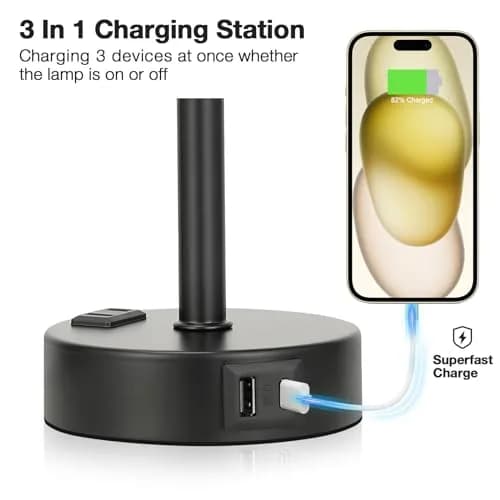 Fenmzee Grey Bedside Lamp for Bedroom, Dimmable Touch, USB A+C, AC Outlet | 14" Minimalist Nightstand Light thumbnail 3