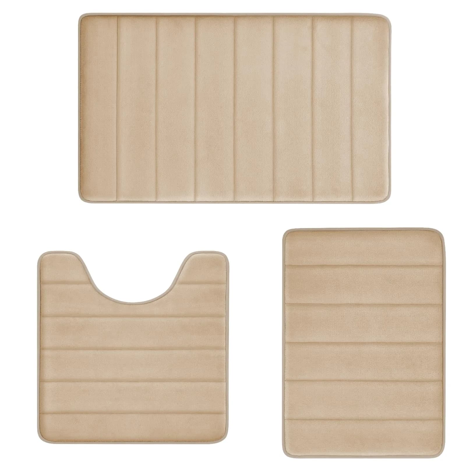 RUN HELIX Memory Foam Bath Mat Set 3 Piece | Super Water Absorption & Non-Slip Comfort (32"x20"+16"x24"+20"x32") — Stripe-beige
