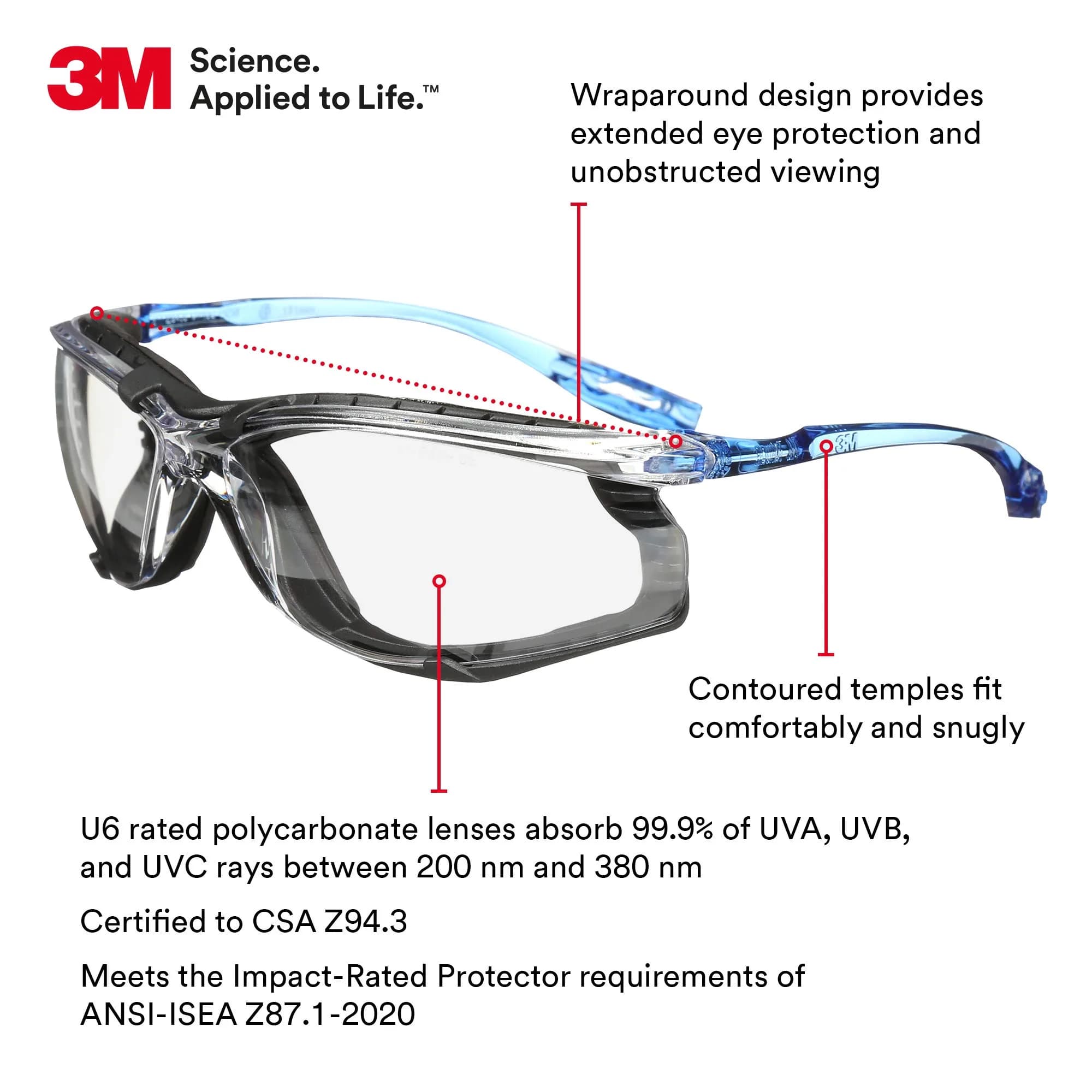 3M Virtua CCS Safety Glasses: Indoor/Outdoor Mirrored Lens, Blue Frame with Foam Gasket, Pack of 2 - view 2