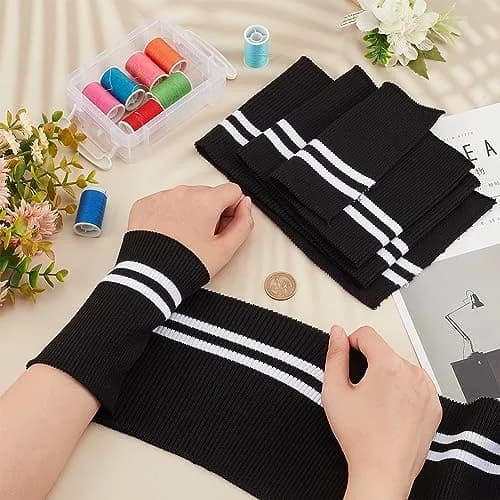 BENECREAT Elastic Fiber Ribbing Fabric 2pcs | Black Stripe Pattern, 5.5x37.5inch, 2mm Thick, Cotton & Elastic Blend for Garment Edging thumbnail 3