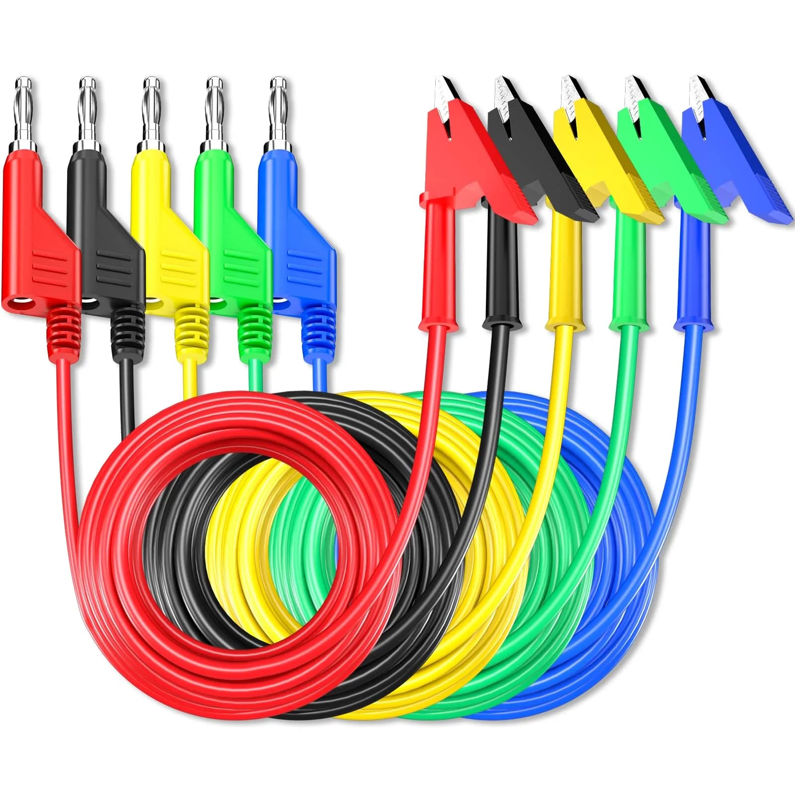 Goupchn 4mm Stackable Banana Plugs to Alligator Clips Test Leads 5PCS | 3m (10ft) 1000V 15A - main product image