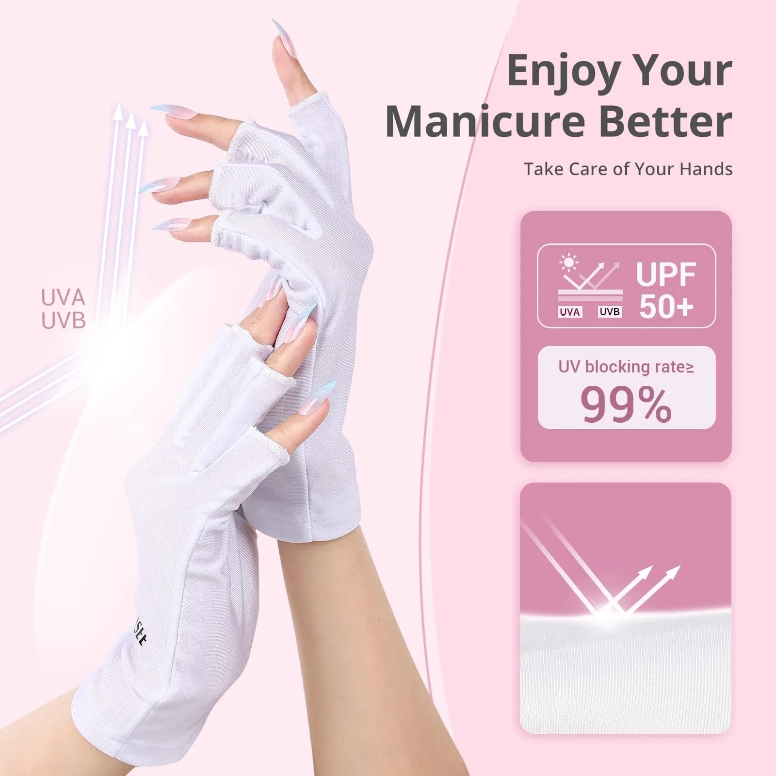 AIRSEE UPF50+ UV Protection Gloves for Nail Lamp | Fingerless, White, Nylon/Lycra - view 2