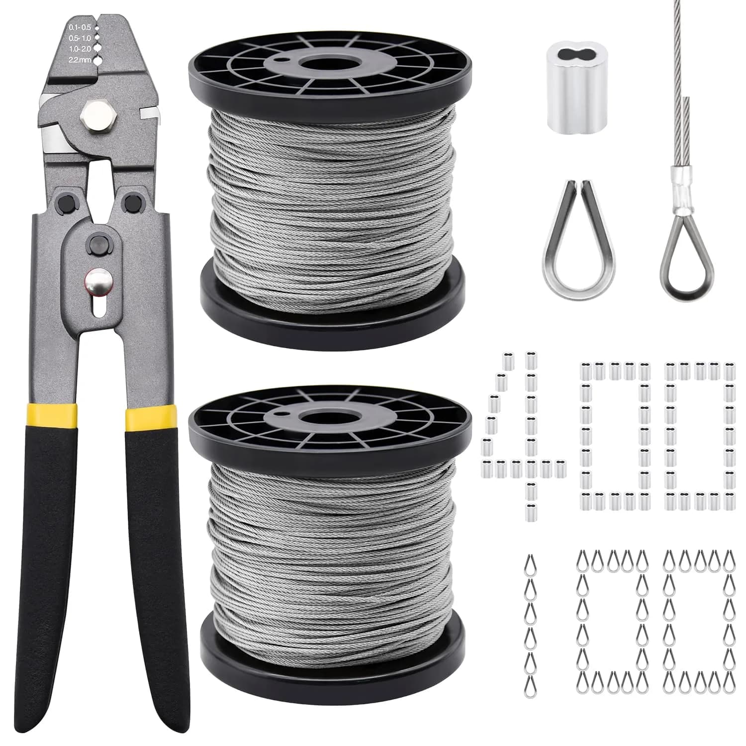 FGBNM 656ft Wire Rope Crimping Tool Kit with 1/16" Stainless Steel Cable, Aluminum Sleeves & Thimbles | Heavy Duty Crimper Set — 656ft Wire Rope Set + Crimper
