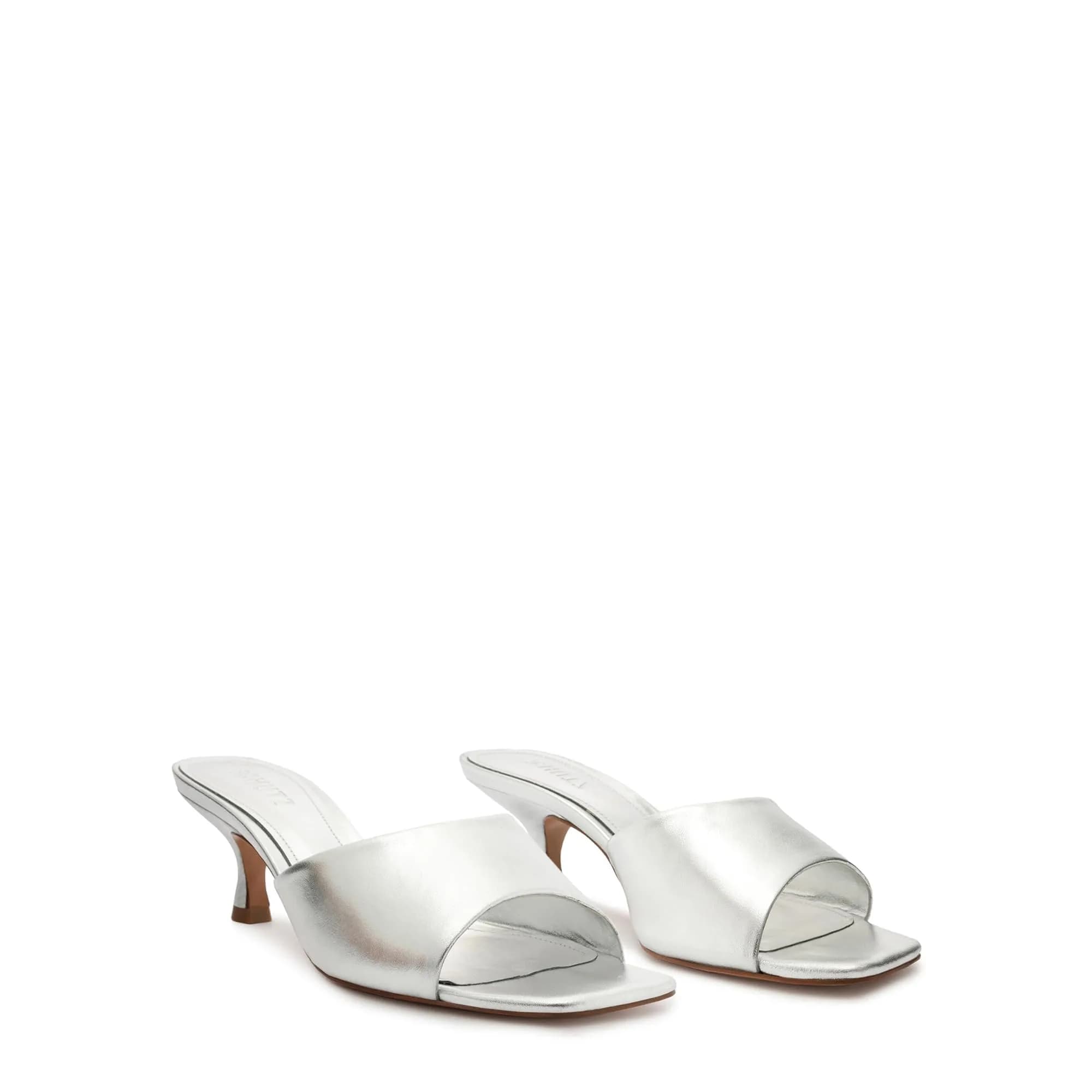 SCHUTZ Dethalia Silver Leather Heeled Sandal 5 US | Elegant Slip-On with 2.5-inch Stiletto Heel thumbnail 1
