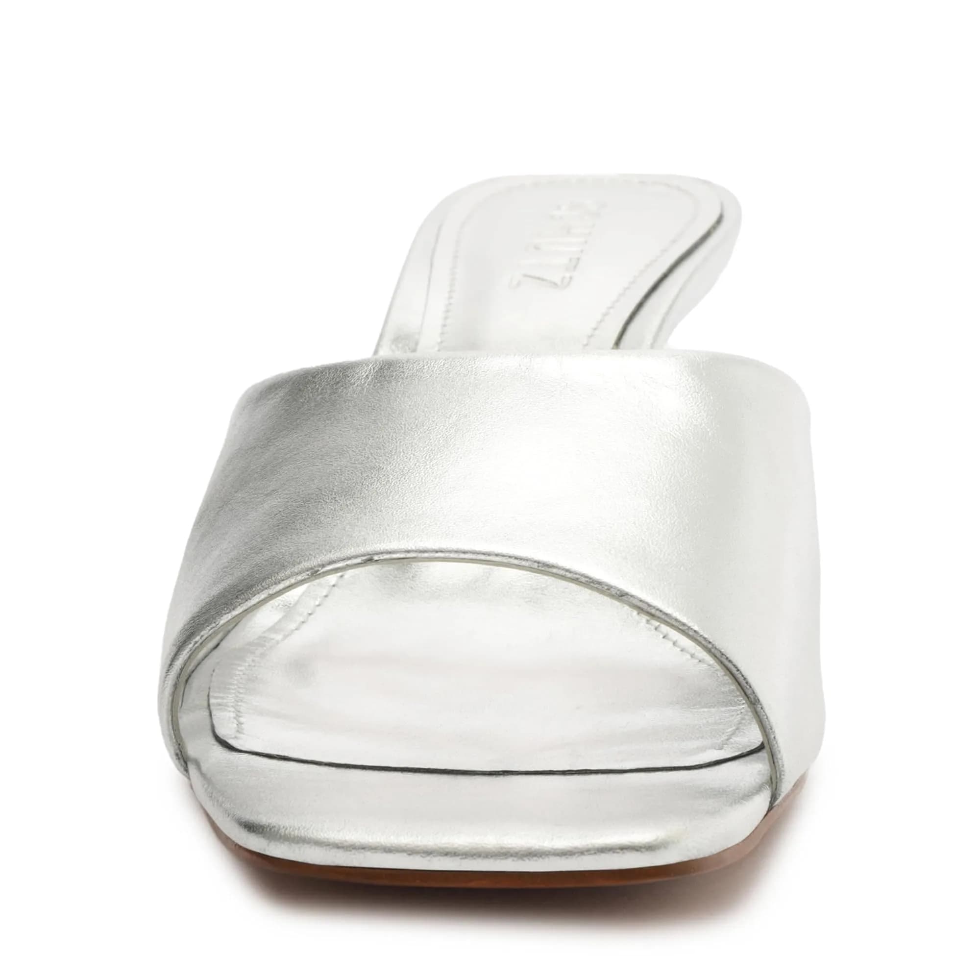 SCHUTZ Dethalia Silver Leather Heeled Sandal 5 US | Elegant Slip-On with 2.5-inch Stiletto Heel thumbnail 6