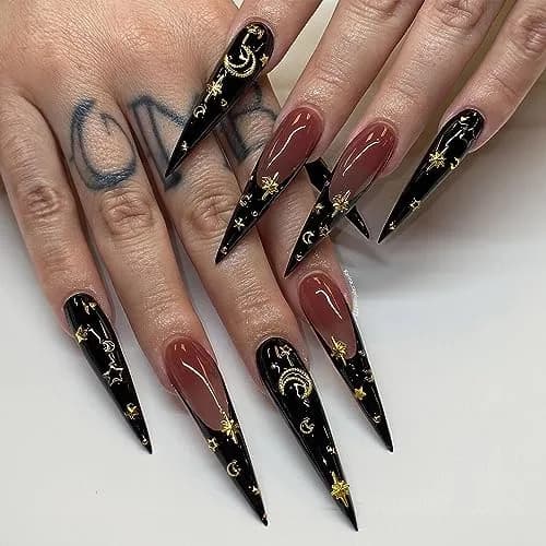 MISUD Press on Nails - Long Stiletto Goth Black with Gold Star Moon | 24 pcs thumbnail 1