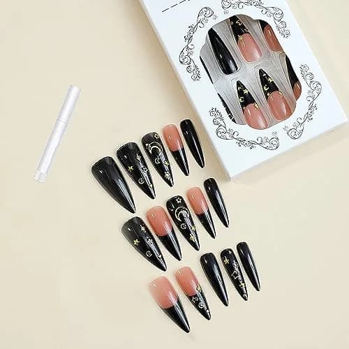 MISUD Press on Nails - Long Stiletto Goth Black with Gold Star Moon | 24 pcs thumbnail 4