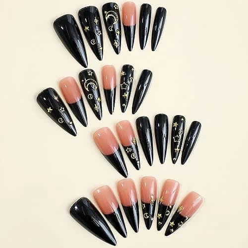 MISUD Press on Nails - Long Stiletto Goth Black with Gold Star Moon | 24 pcs thumbnail 2