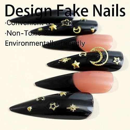 MISUD Press on Nails - Long Stiletto Goth Black with Gold Star Moon | 24 pcs thumbnail 3