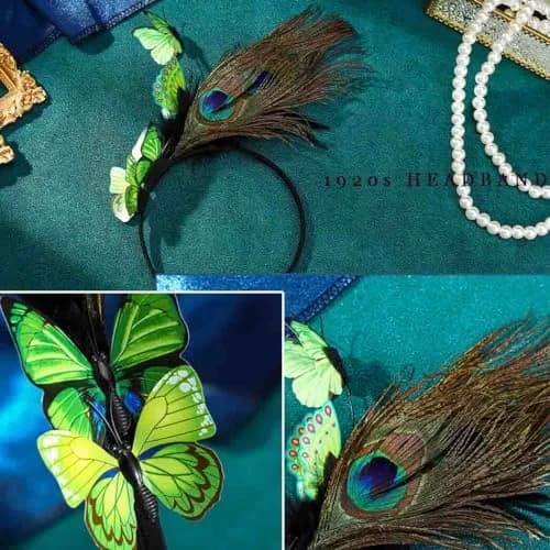 Coridy Boho Green Butterfly Peacock Feather Headpiece | 1920s Gatsby Flapper Headband for Women thumbnail 4