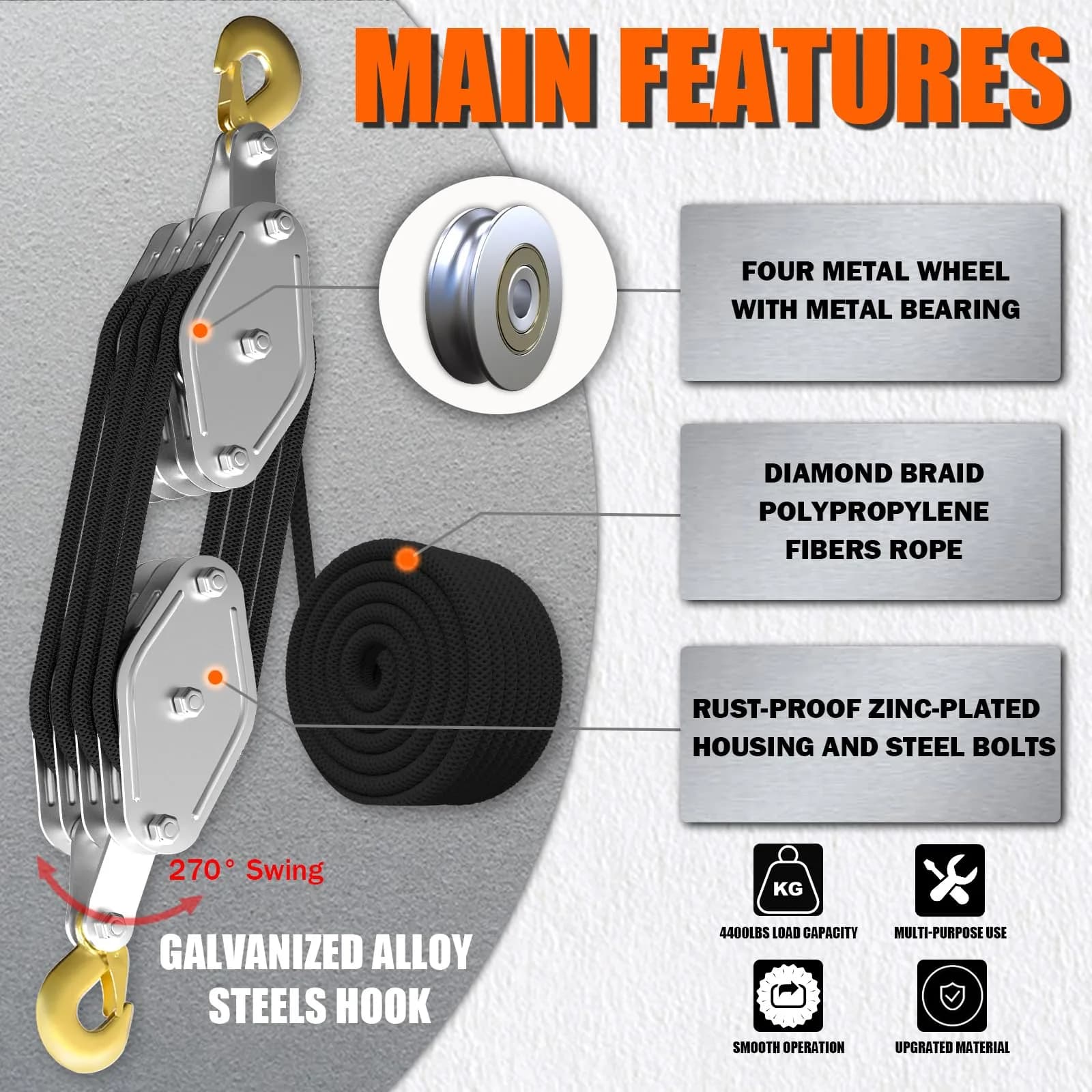 YATOINTO Rope Hoist Pulley System 4400LB 65ft | Heavy Duty Lifting Block with 8:1 Ratio - view 2