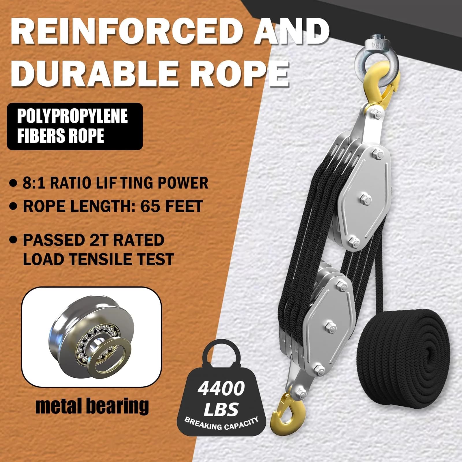 YATOINTO Rope Hoist Pulley System 4400LB 65ft | Heavy Duty Lifting Block with 8:1 Ratio - view 3