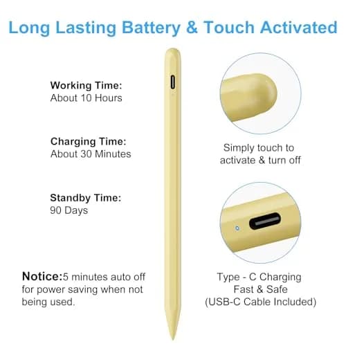 FOJOJO Stylus Pen for iPad 2026-2018 | Palm Rejection & Fast Charge (16.5cm, Yellow) thumbnail 6