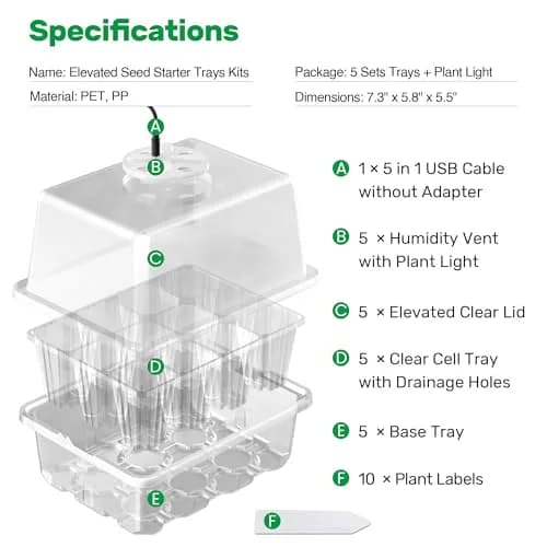 Bonviee Seed Starter Trays with 12-LED Grow Lights, Clear, 5 Pack | Indoor Germination Kit with Root Observation thumbnail 2