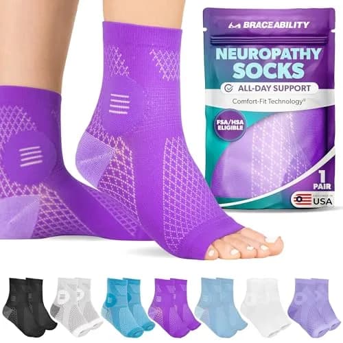 BraceAbility Neuropathy Socks (Pair) - Medium Purple | FDA Approved Diabetic Foot Support thumbnail 1