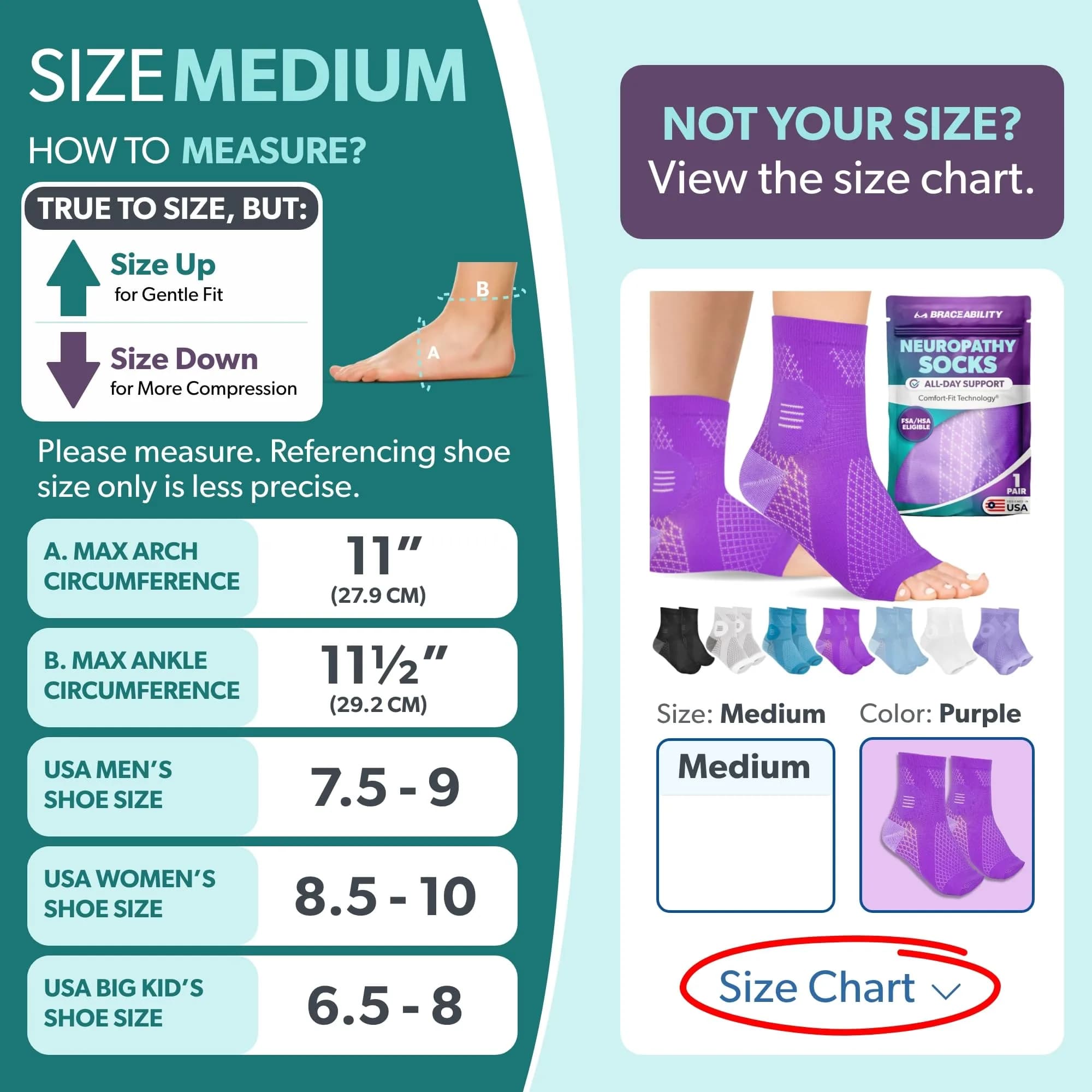 BraceAbility Neuropathy Socks (Pair) - Medium Purple | FDA Approved Diabetic Foot Support - view 2